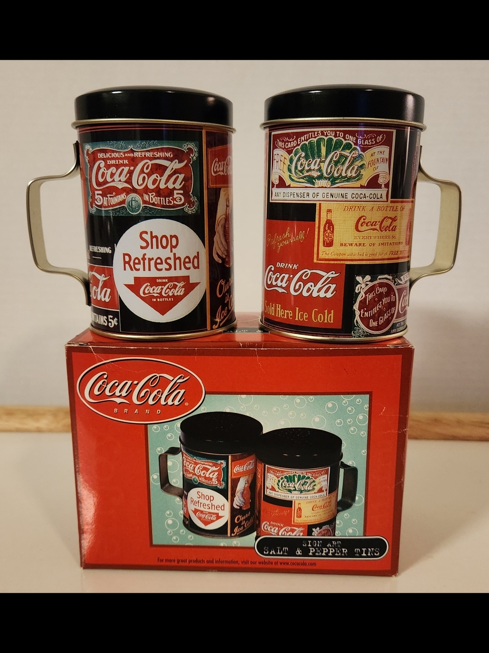 2001 Vintage Coca-Cola Sign Art Salt & Pepper Tins Set NIB